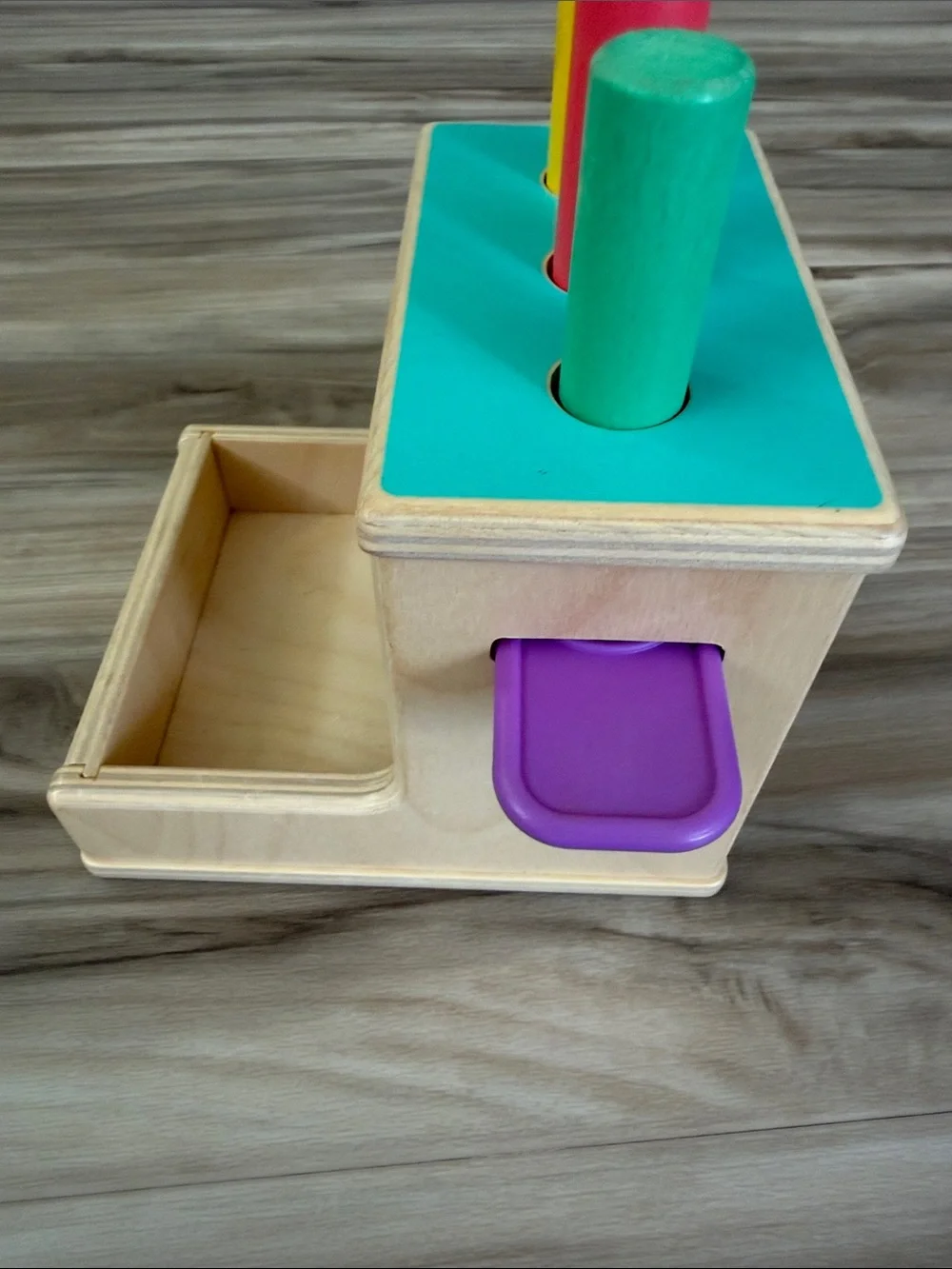 Lovevery Wooden Peg Drop Toy - Yellow, Red & Green Pegs